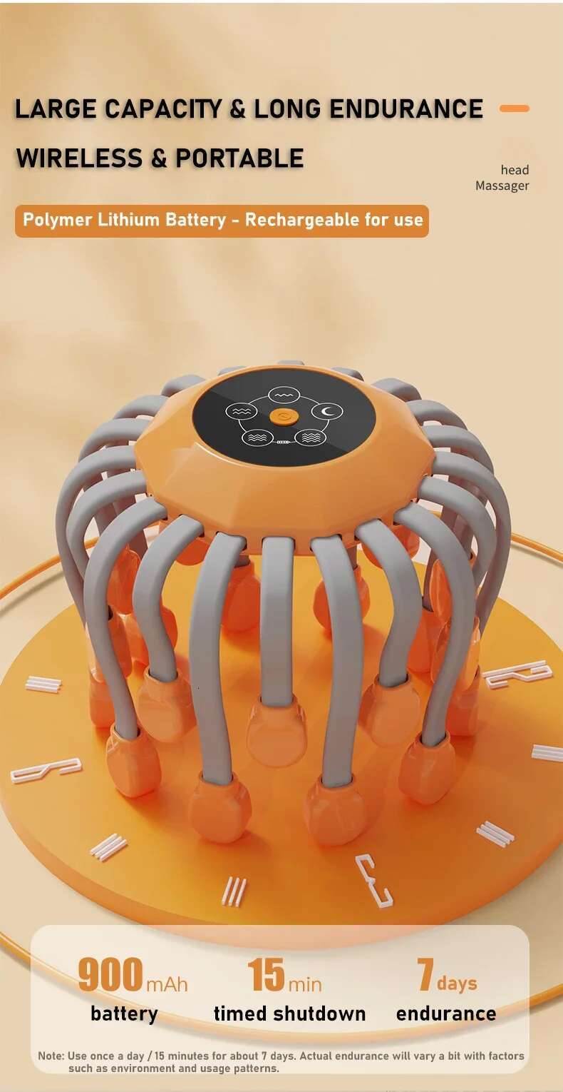 20Massage Heads Orange Scalp Head Massager Red Light Vibrator Octopus Scratcher For Relaxation Stress Migraine