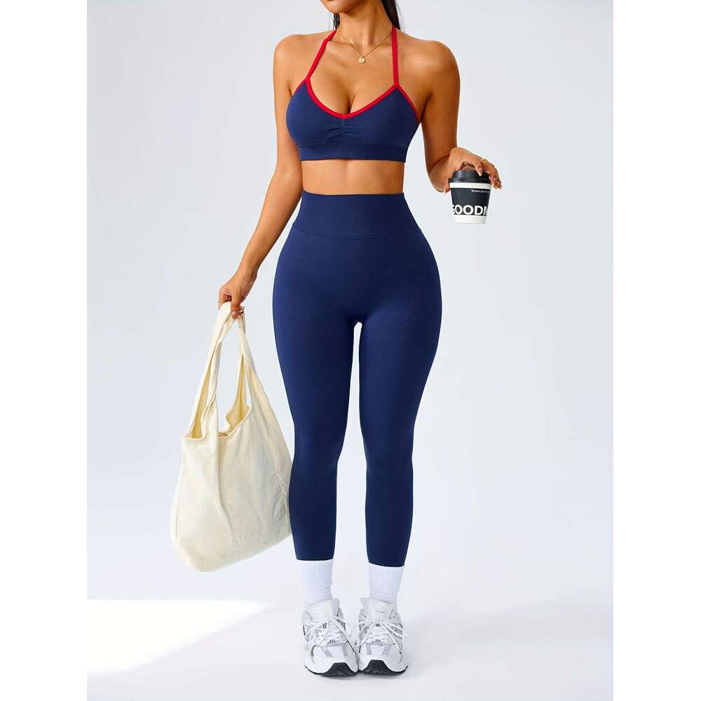2Pcs Seamless Women's Sportswear Set, Contrast Color Halter Neck Detachable Padded Sports Bra And High-Waisted Butt Lifting Leggings - Soft & Com