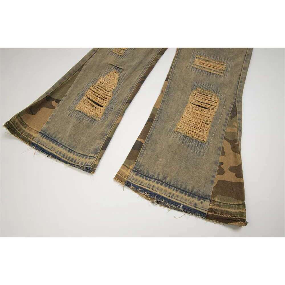 Ripped Patchwork Denim Flare Pants Mens Raw Edge High Street Washed Distressed Loose Beggar Jeans Men Trousers