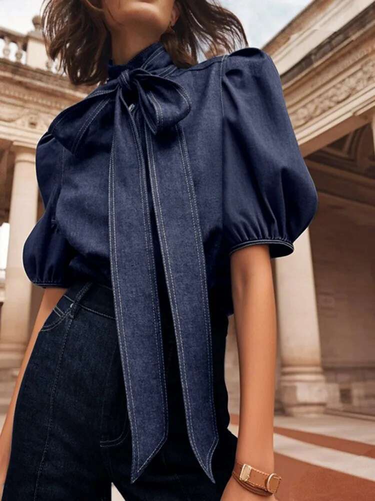 Gymystars Trendy Woman Clothes Imitation Denim Blouse Tops Elegant Puff Sleeves Bow-Embellished High Neck Summer Office Shirts