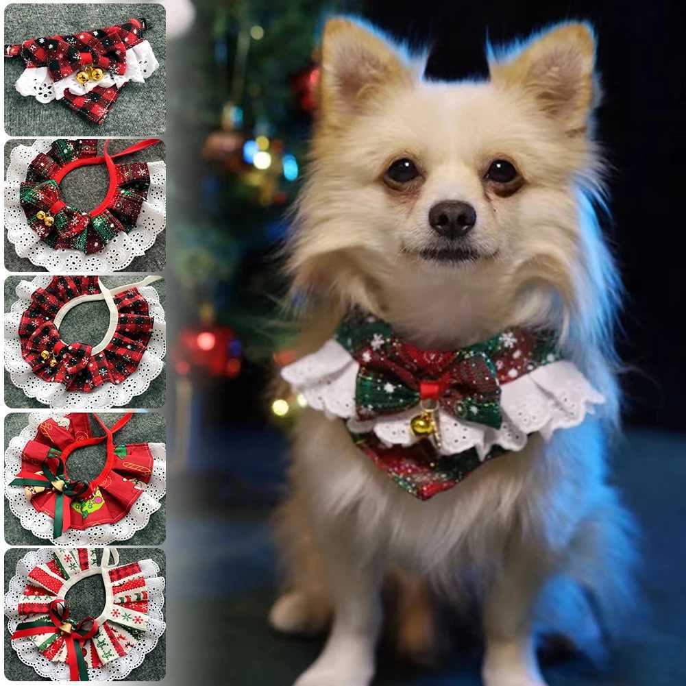 High Quality Christmas pet bow bib collar scarf plain weave bow lace Saliva towel with bell pendant suitable for dog and cat collars necklace beauty a