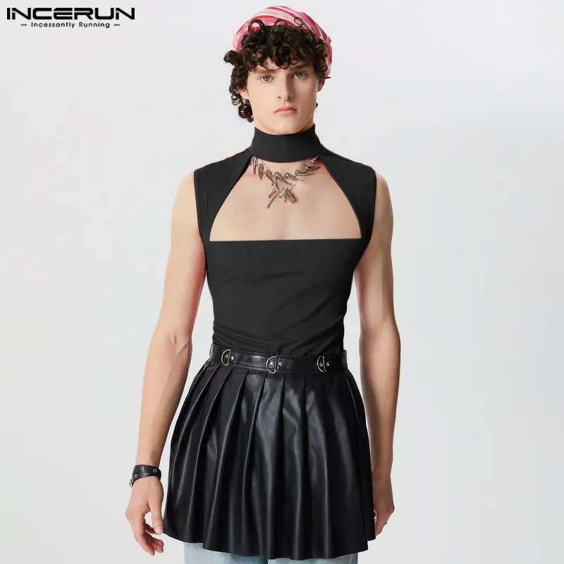 INCERUN Tops American Style Mens Sexy Hollow Knitted Tank Top Mens Street Clothing Elastic Half High Neck Sleeveless Tank Top S-5XL 250403