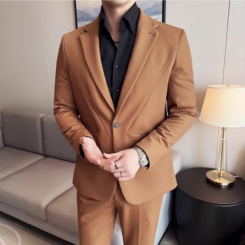 JacketPants Mens Solid Color Business Social Wedding Party Set Fashion Mens Banquet Ultra Thin Fit Dress Jacket and Trouser 250402