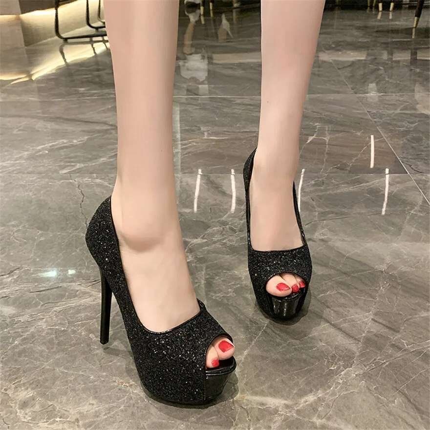 10/12/14Cm Super High Heels Women Pumps 2024 Autumn Fashion Sequined Cloth Peep Toe Shoes Black Platform Sexy Ladies Party Dress