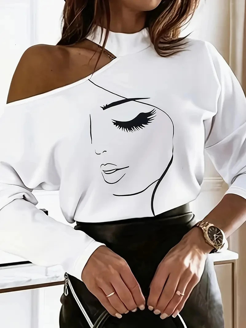 An abstract facial pattern Tshirt casual shoulder cut long sleeved womens clothing 250407