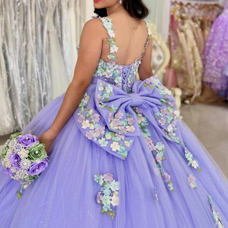 Lavender Shiny Princess Quinceanera Dresses Off Shoulder Beads Applique Lace Bow Tull Sweet 16 Dress Ball Gown Vestidos 15 Anos