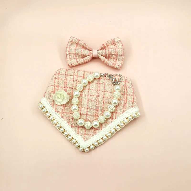 High Quality Pet pearl necklace dog bib cat supplies dog coarse cloth Saliva towel triangular scarf bow tie dog bandage pet accessories T250407