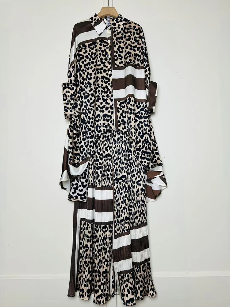 Summer Womens Retro Geometric Printed Loose Irregular Shirt Two Piece SetElastic Waist Drop Fold Wide Leg Mens Set 250407