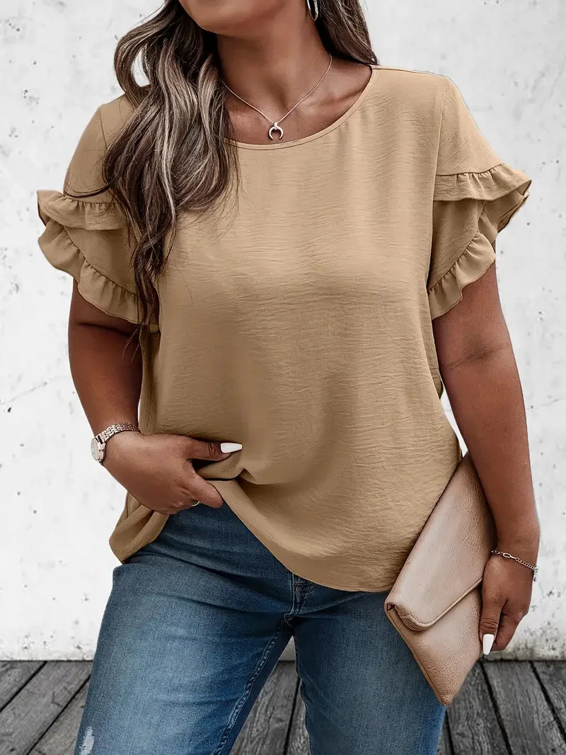 Womens 1XL5XL Plus Size Ruffle Decoration Tshirt Solid Color Flat Top Casual Spring Summer Short sleeved Dress 250407