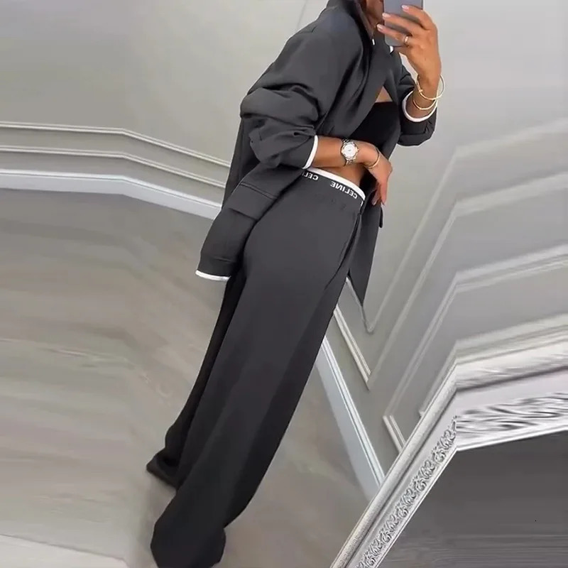 Autumn Winter Blazer Jacket Set Woman Elegant Single Button Lapel Cardigans Wide Leg Trousers Suit Elegant Solid Office Outfit 251103