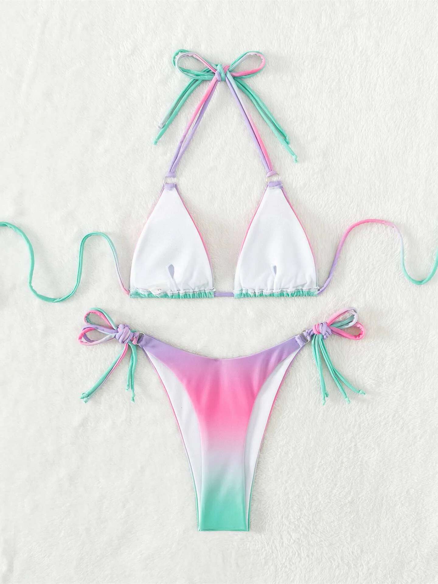 Dongdumaoyi Sexy Micro Bikini Women Pink Gradient Push Up Bikinis Sets Biquini Ribbed Bathing Suit Tie Side Triangle Swimwear Beachwear