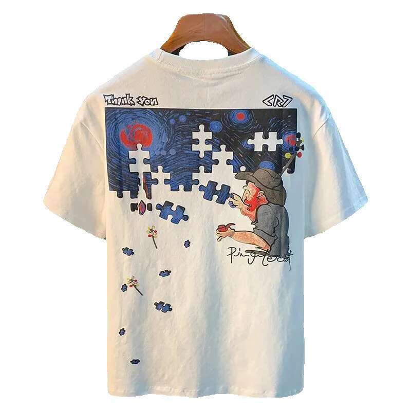 Men's short sleeved T-shirt, fashionable, abstract art print, loose, combed cotton, comfortable, summer