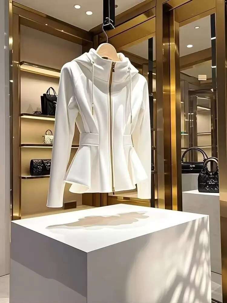 Fashion White Hooded Coat Women Spring Autumn 2025 New Unique Casual Korean Jacket Hoodie Sweatshirt Clothing