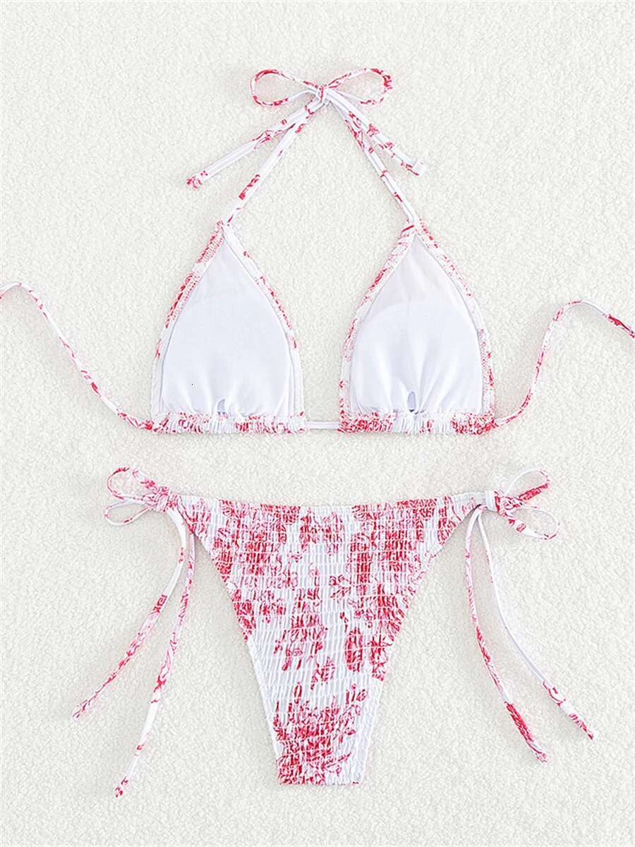 Dongdumaoyi Sexy Pleate Bikinis Sets Women Pink Floral Print Push Up Bra Micro Swimwear Brazilian Bathing Suit Tie Side Thong Swimsuit