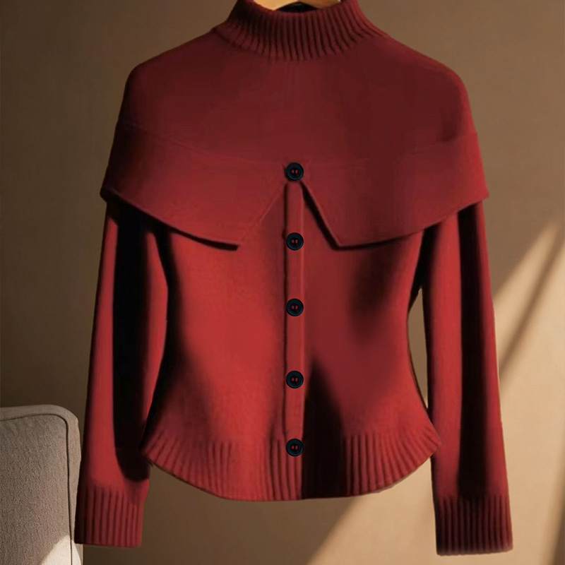 Women's solid-color top, long-sleeved sweater with turned-up collar, fake buttons, casual and romantic style, women's outwear, women's 