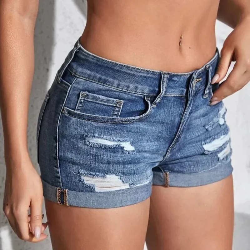 Womens Split Denim Shorts Summer Beach Wild Fashion Sexy Mid Waist Curled Cuff Perforated Elastic Slim Fit Casual Shorts 250407