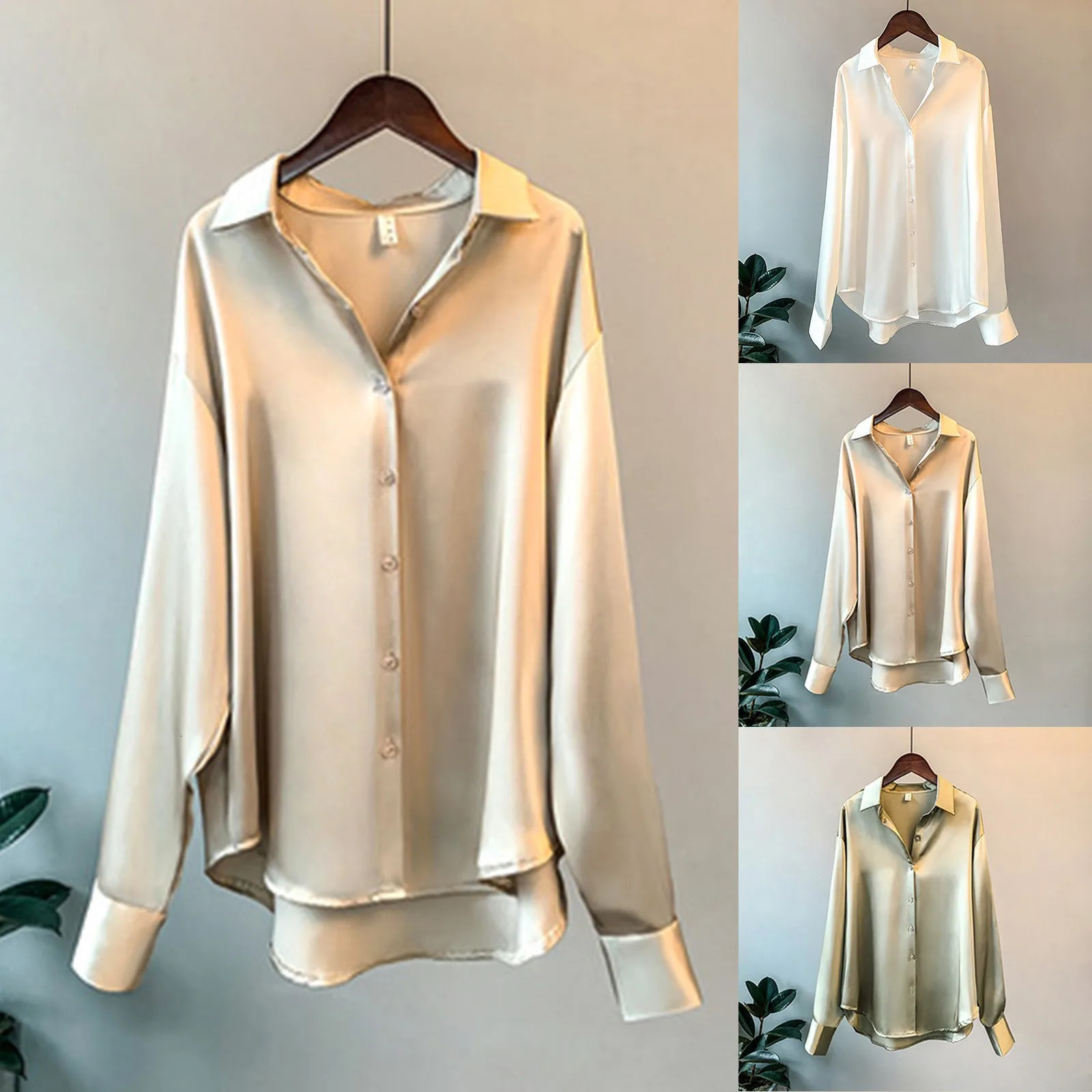 Silk satin office ladies elegant shirt and shirt Korean button satin womens retro long sleeved white top 250402
