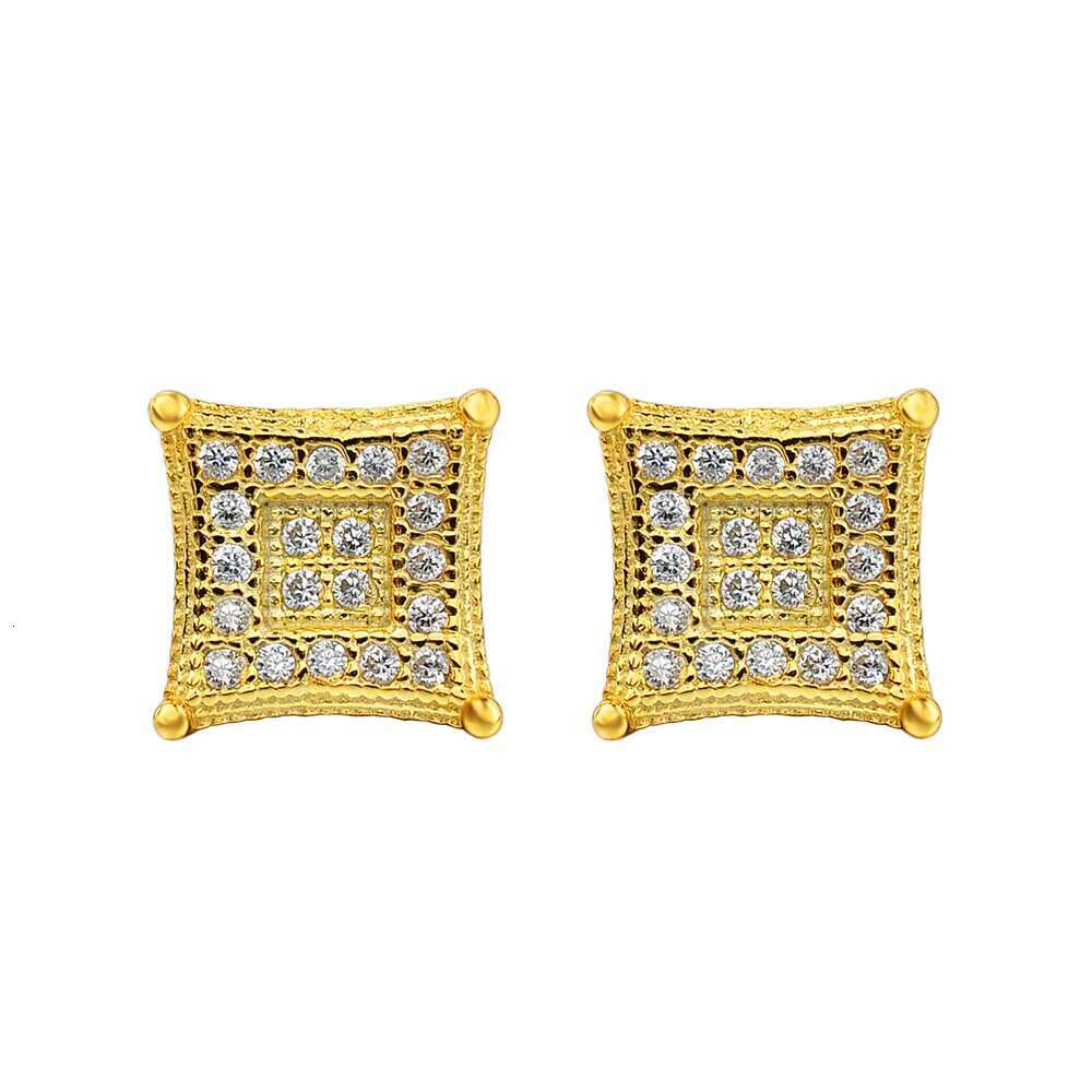 Hip Hop Designs 14K Gold Plated Studded Iec Out VVS Moissanite Diamond 925 Silver Square Stud Earrings for Men