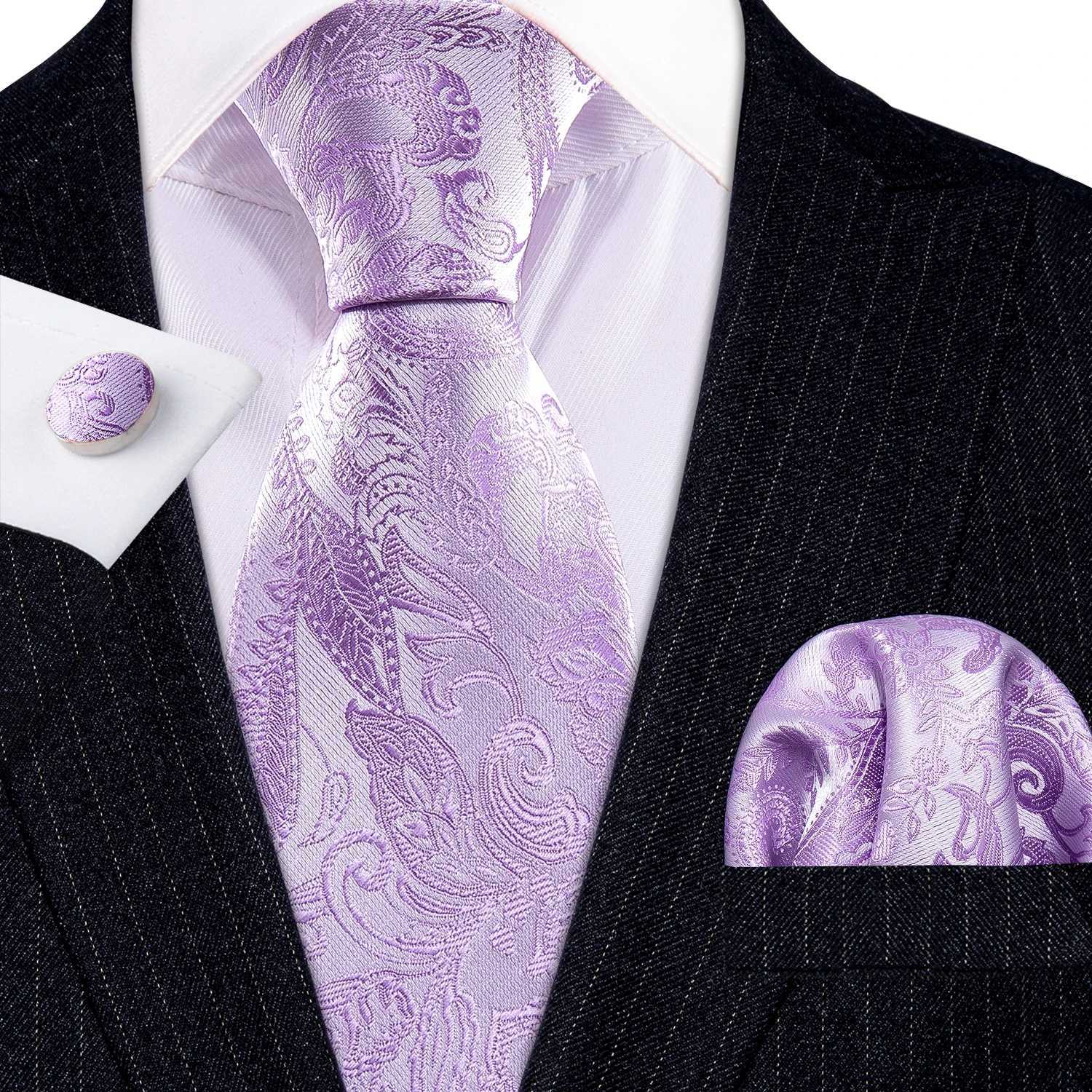 M Gift Silk Men Tie Set Purple Violet Solid Paisley Striped Wedding Business Tie for Man Necktie Handky Cufflinks Barry. X250407
