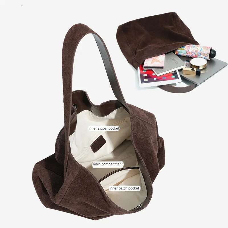 2025 Women's Frosted Leather Tote Large Capacity Soft Suede Bucket Handbag Lady Minimalist Underarm Hobo Shoulder Bag