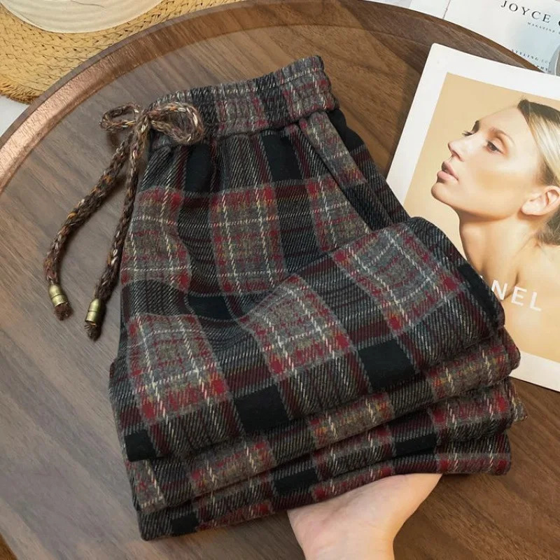 Womens Spring and Summer Wide Straightleg Casual Pants Grinding Fashion Retro Versatile Wideleg Plaid Z260314