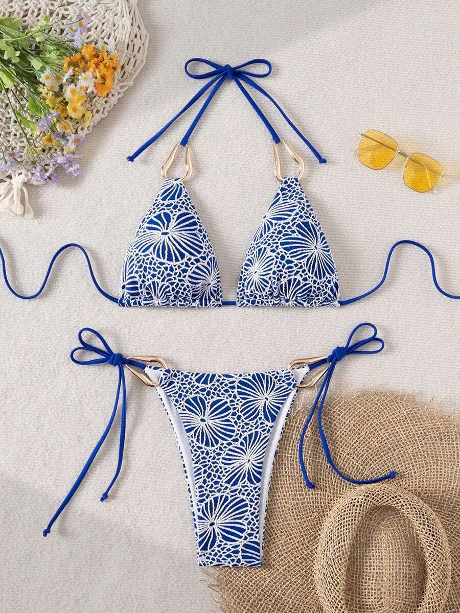 Dongdumaoyi Sexy Black Floral Print Bikini Set Women Metal Strap Lace Push Up Mini Swimsuit Brazilian Beach Bathing Suit Thong Swimwear
