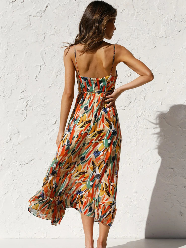 Summer womens floral long dress spaghetti strap sexy dress casual beach dress sun skirt womens clothing Bohemian dress 250401
