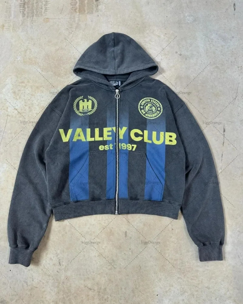 Casual and fashionable street zipper hoodie oversized American retro letter printed sweatshirt hiphop Y2k personalized clothing 250403