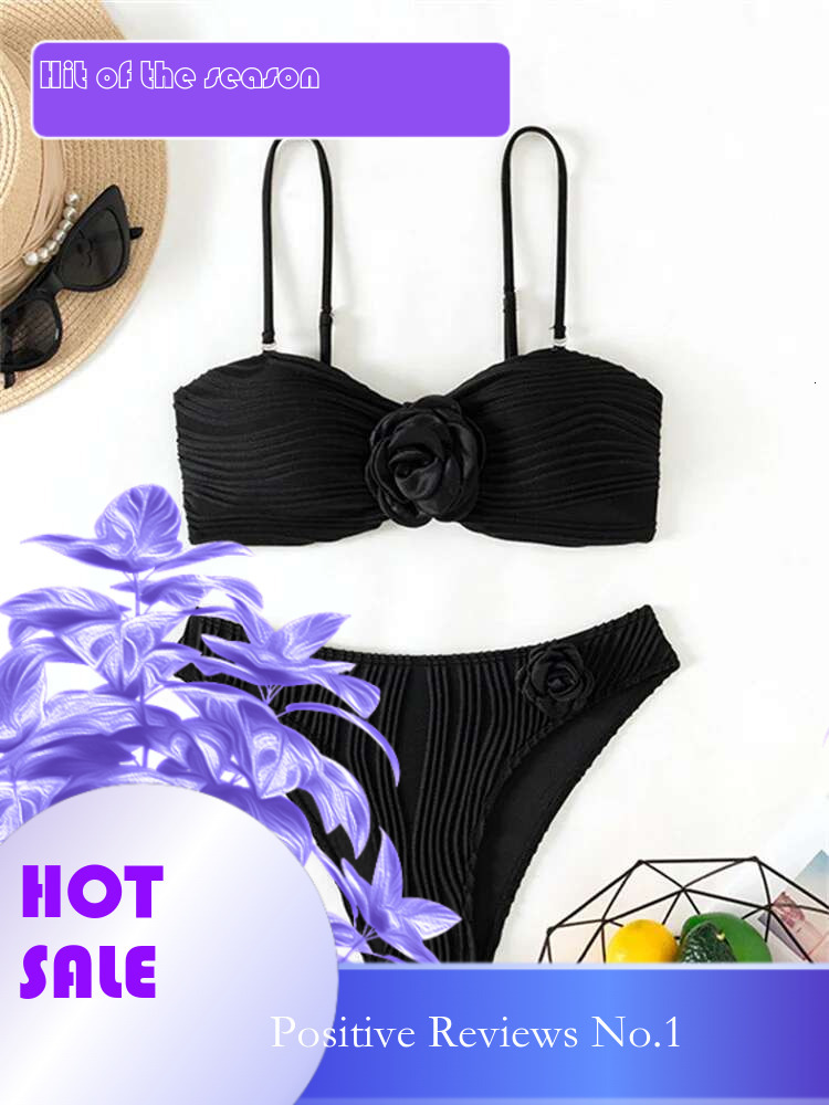 Dongdumaoyi Sexy D Floral Bikini Set Women Black Pleate Push Up High Waist Swimsuit Summer Bathing Suit Holiday Two Piece Swimwear