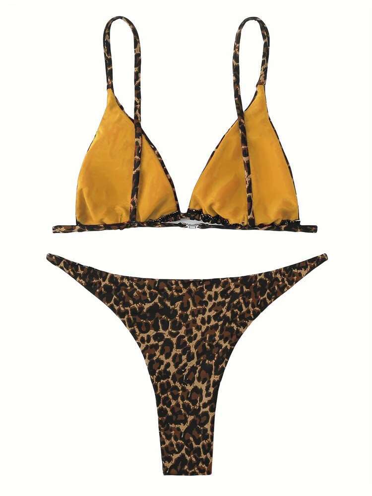Dongdumaoyi Sexy Black Leopard Print Bikini Women Halter Push Up Bra Triangle Swimsuit Brazilian Cut Out Bathing Suit Micro Swimwear