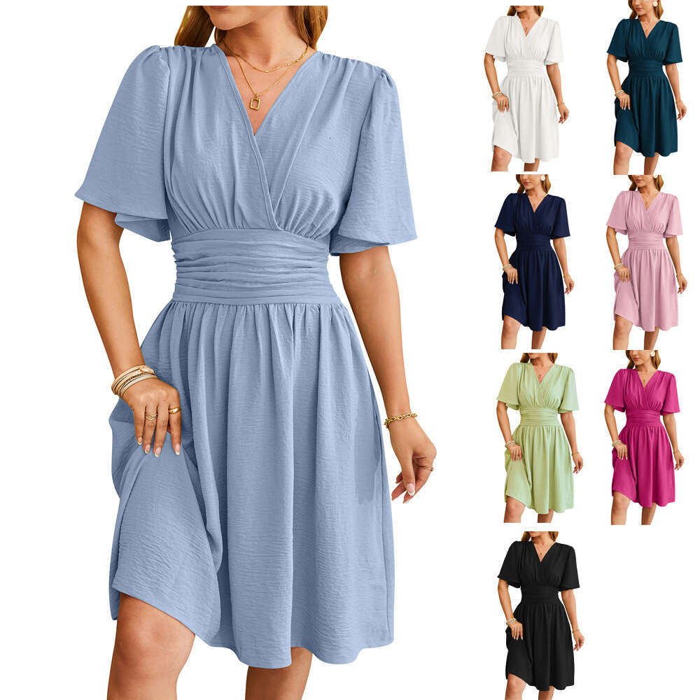European American women's spring/summer V-neck cinched waist flared sleeve fashionable dress 2025 new style chic and elegant clothing