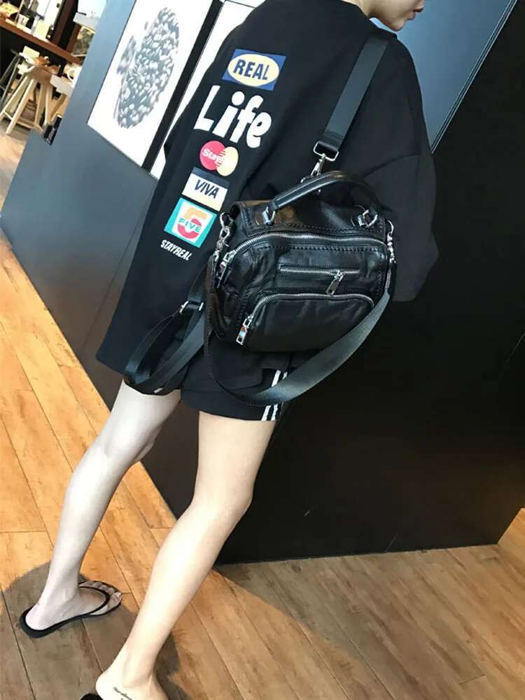 Black Genuine Leather Women Handbag Fashion Zipper Cowhide Totes Single Shoulder Simple Solid Color Casual Crossbody Bags