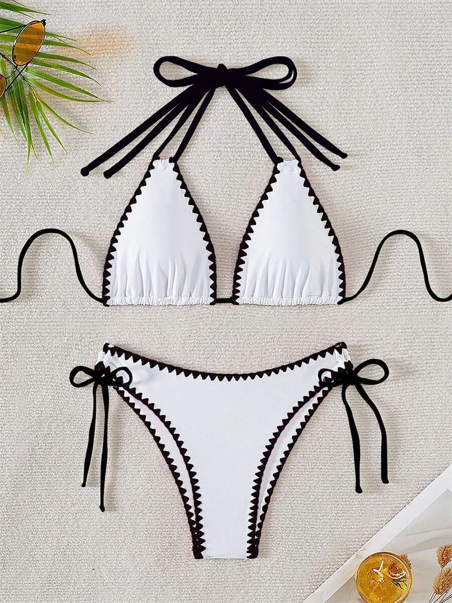 Dongdumaoyi Sexy Black White Contarst Bikini Set Women Push Up Bra Drawstring Side High Waist Swimsuit Beach Bathing Suit Mini Swimwear