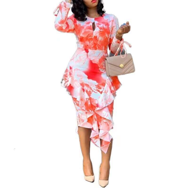 2025 INS Cross-Border Amazon Autumn New Fashion Casual Printed Ruffle Bodycon Long Sleeve Dress