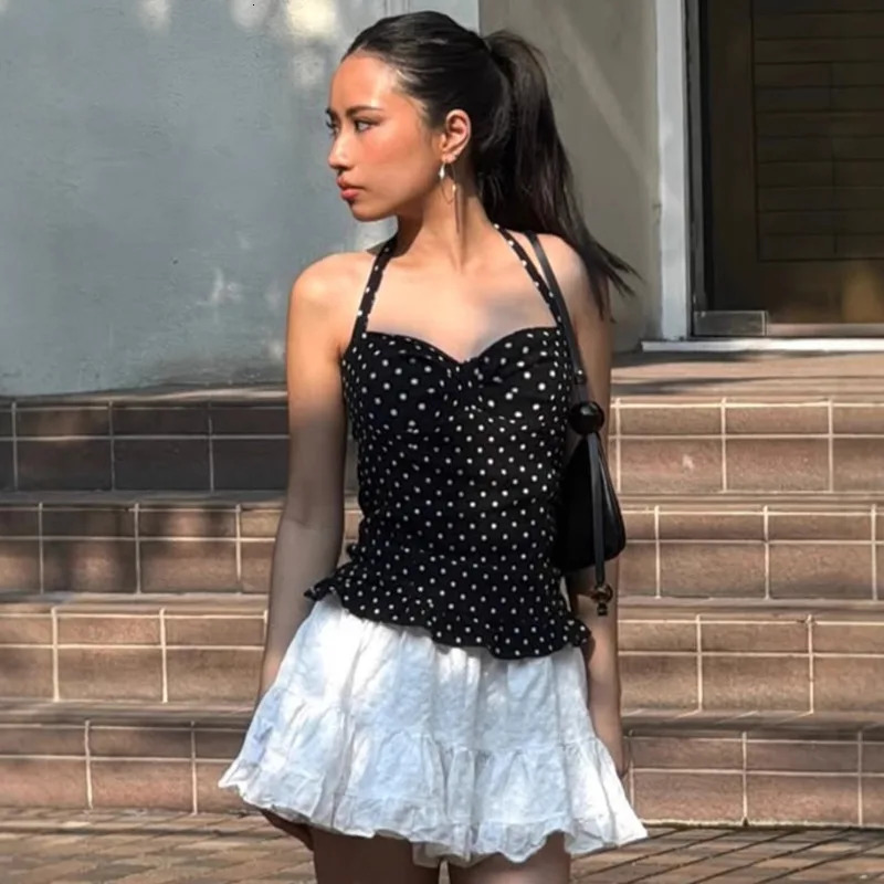 Tuularose Polka Dot Plunge Top Sexy Wooden Earrings Neck Pendant Sleeveless Backless Casual Elegant Beach Vacation Womens 250407