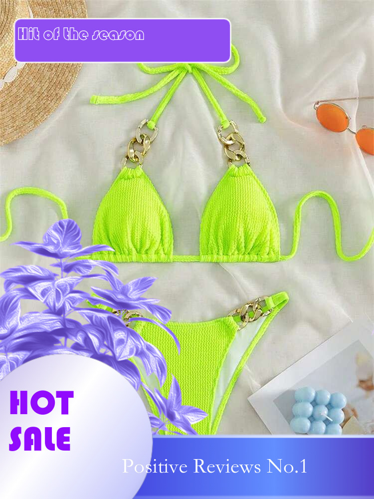 Dongdumaoyi Sexy Neon Green Piece Bikini Set Women Halter Metal Stap Push Up Swimsuit Summer Lace Beach Bathing Suit Thong Swimwear