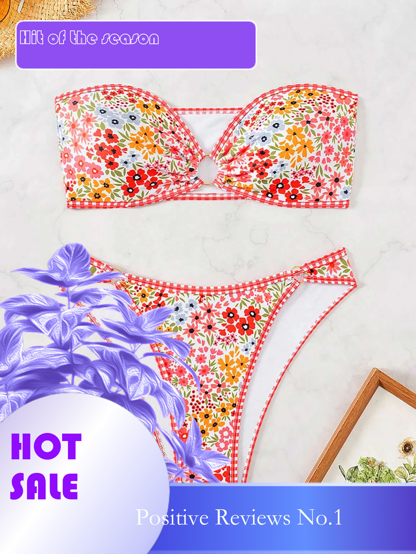 Dongdumaoyi Sexy Bandeau Bikini Mujer Women Front Ring Hollow Out Push Up Bra Thong Swimsuit Red Floral Print Bathing Suit Swimwear