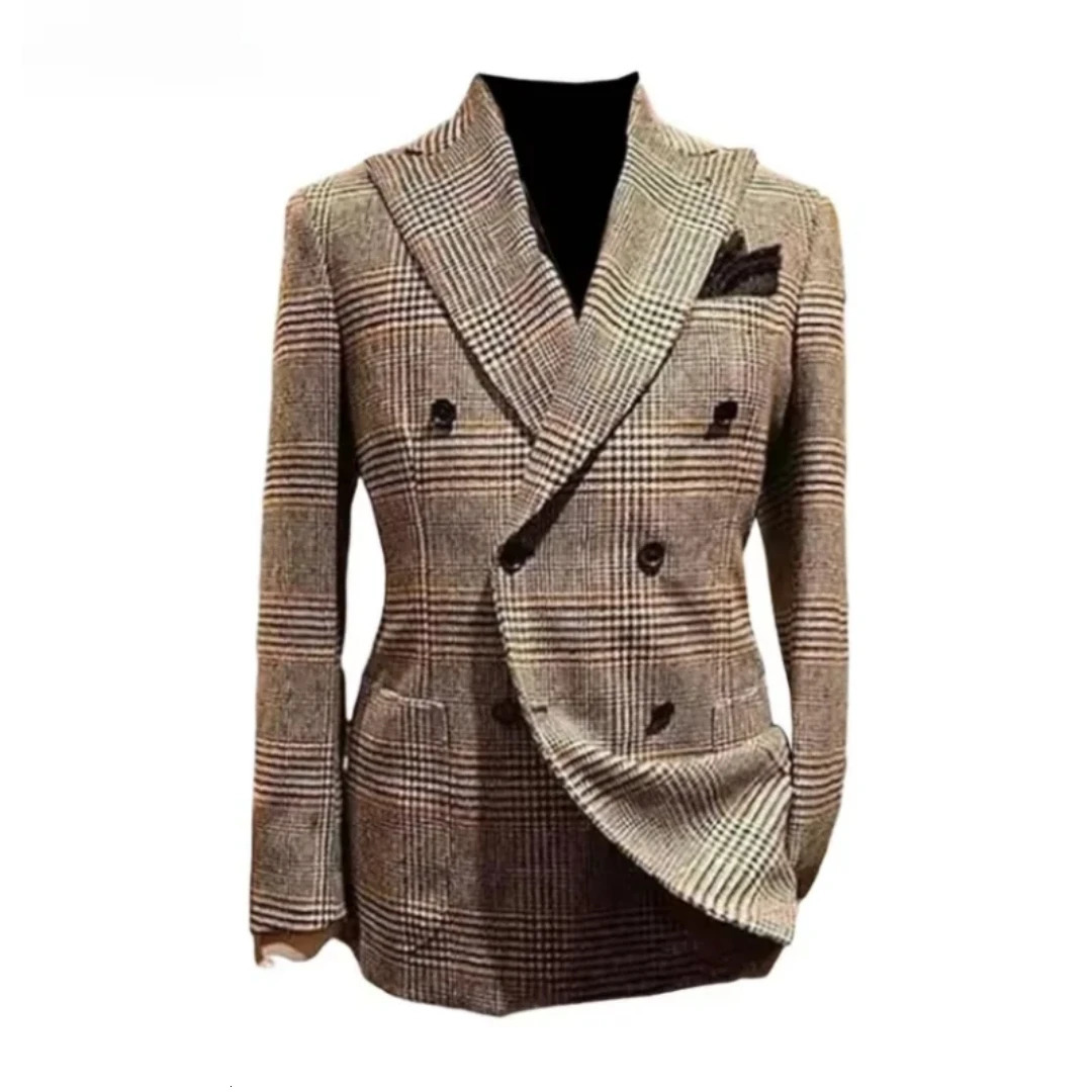 Formal Mens Brown Houndstooth Woolen Blazer Suits Jacket with Peak Lapel Casual Wedding Business Party Coat for Autumn Winter 251106