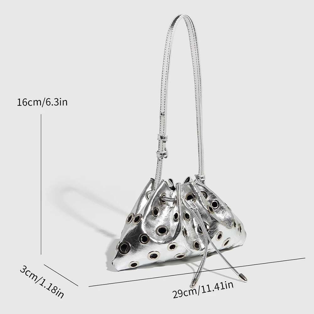 Women Metal Stud Y2k Shoulder Large Capacity Retro Hollow Drawstring Crossbody Bag Shopping Vacation Handbag