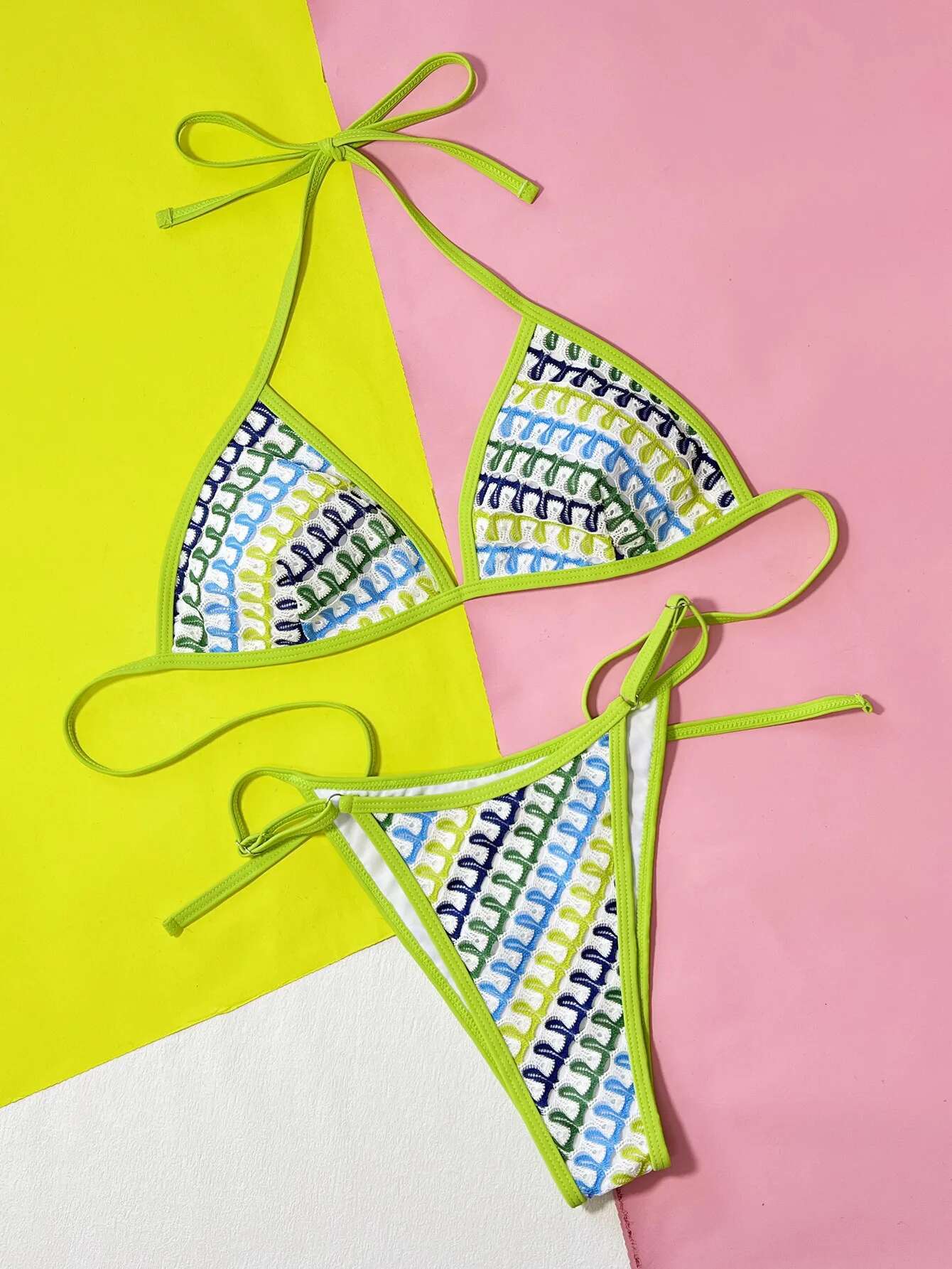 Dongdumaoyi Sexy Green Contrast Bikini Set Women Mesh Patchwork Push Up Micro Swimsuit Brazilian Cut Out Bathing Suit Thong Swimwear