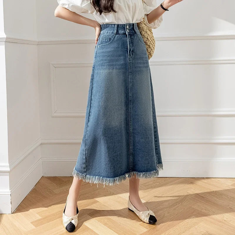 Seoulish Retro Blue Denim Skirts for Women 2025 Spring Summer Elegant High Waist Tassel Pockets Medium Length A-line Skirt 250407