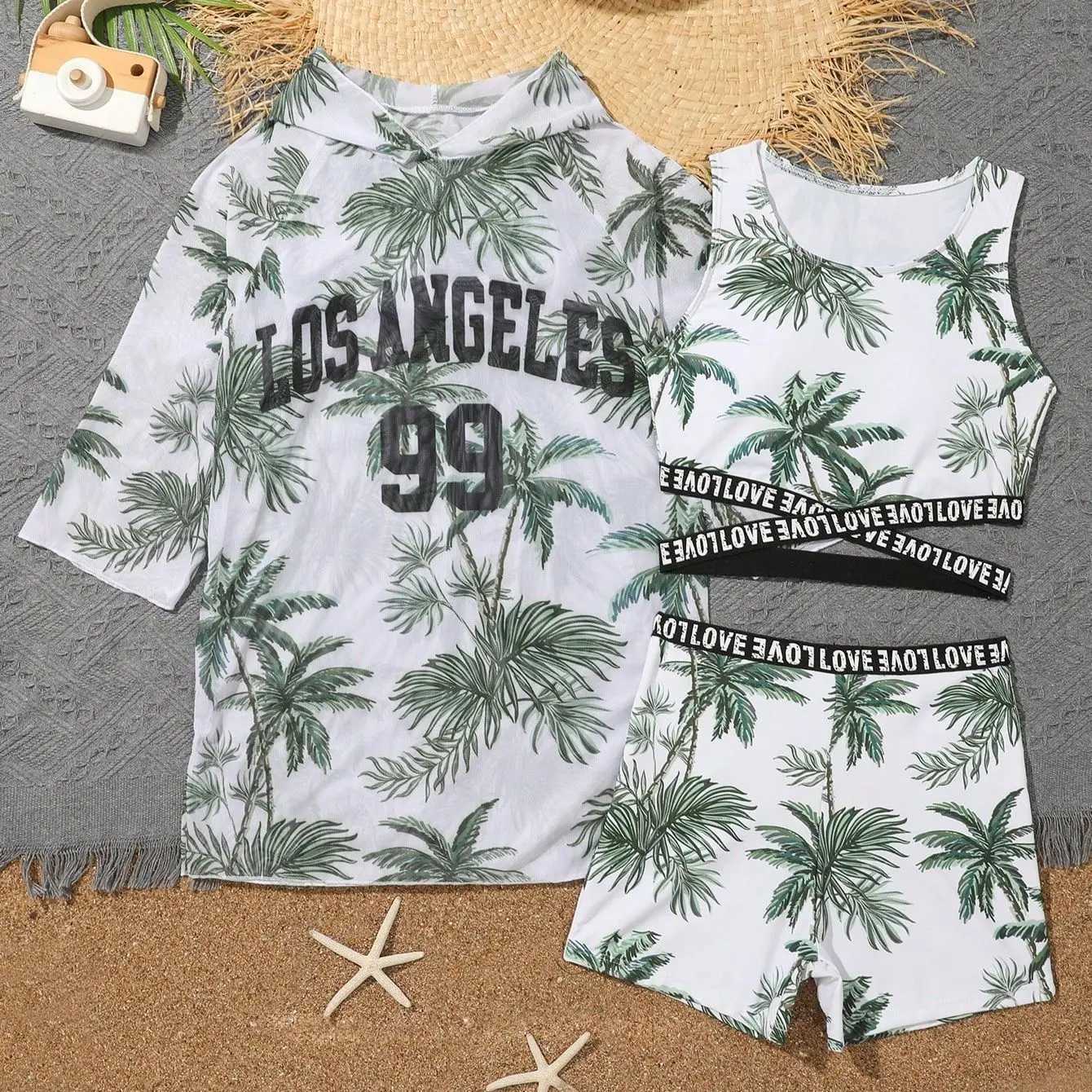 Girls 3-piece coconut palm print high waisted bikini shorts beach surfing Tankini set and shirt 7-12 years old childrens swimsuit J250403