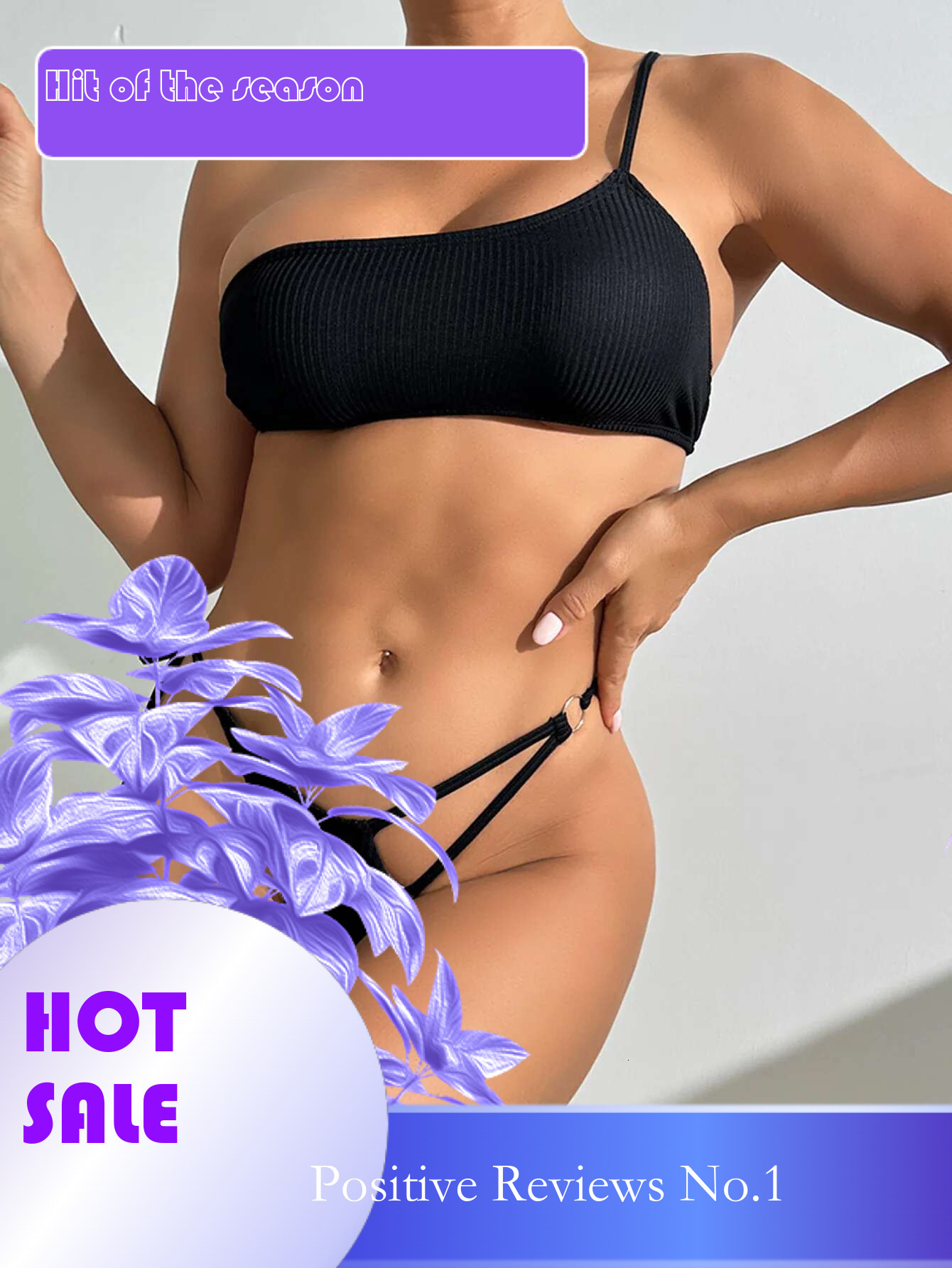 Dongdumaoyi Sexy One Shoulder Bikini Set Women Black Ribbed Push Up Hollow Out Bandage Thong Swimsuit Beach Bathing Suit Micro Swimwear