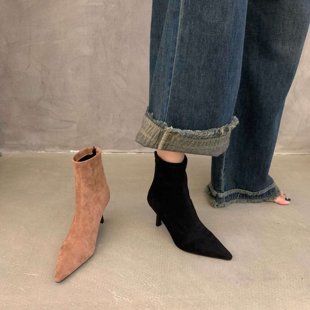 High Free shipping Heel Pointed Toe Elegant Suede Slim Short For Women 2023 New Autumn Winter Fleece-Lined Korean Style Ankle Boots