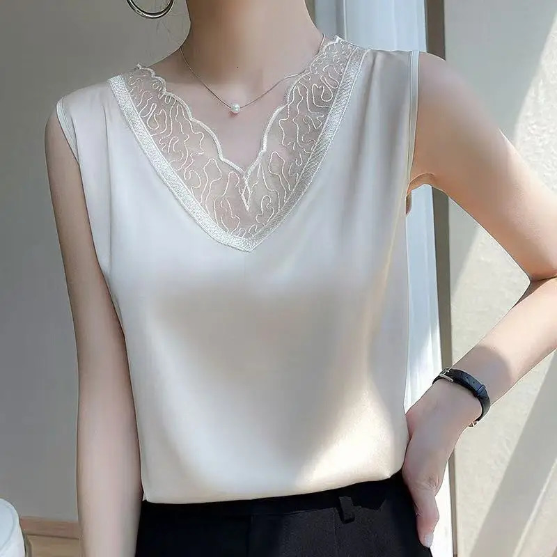 Elegant lace Vneck womens sleeveless Tshirt summer project acetic acid satin loose slimming 250407