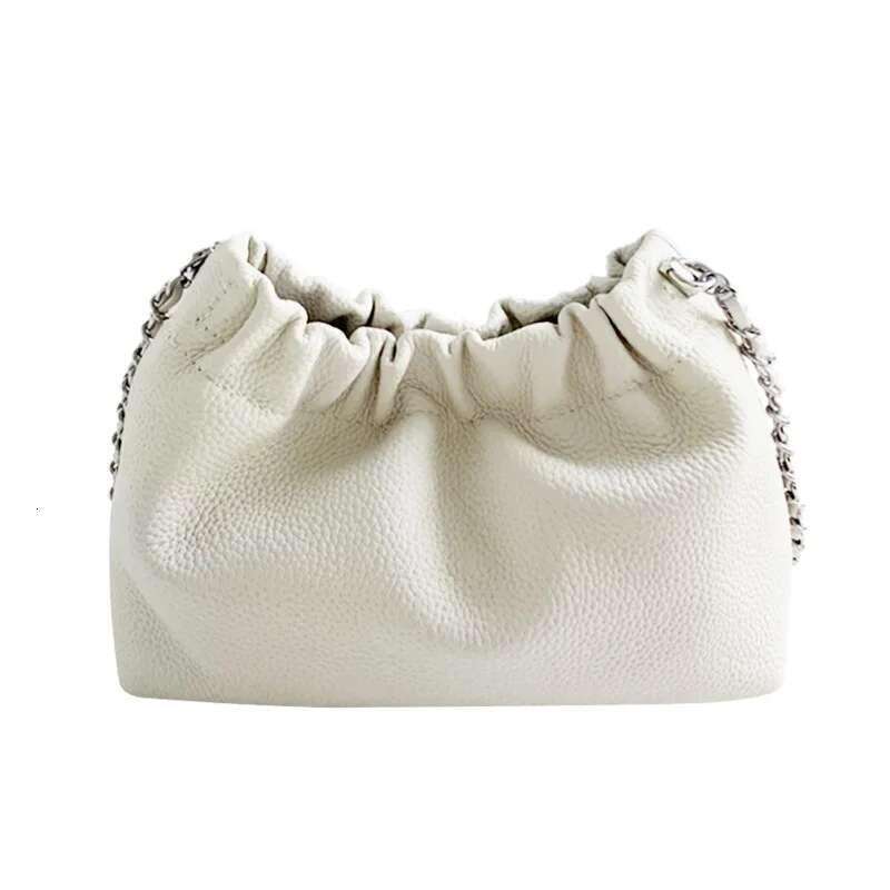 Ruched Design Hasp Open Cloudy Hobo Clutch Beige Small Chain Strap Women Crossbody Bag 100% Cowhide Leather Soft Daily Purse