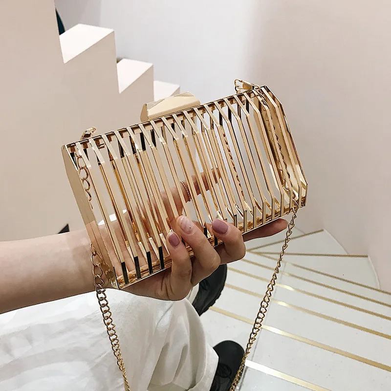 Unique metal hollow fashionable womens evening clutch bag womens chain shoulder bag cross body messenger party bag frame 250402