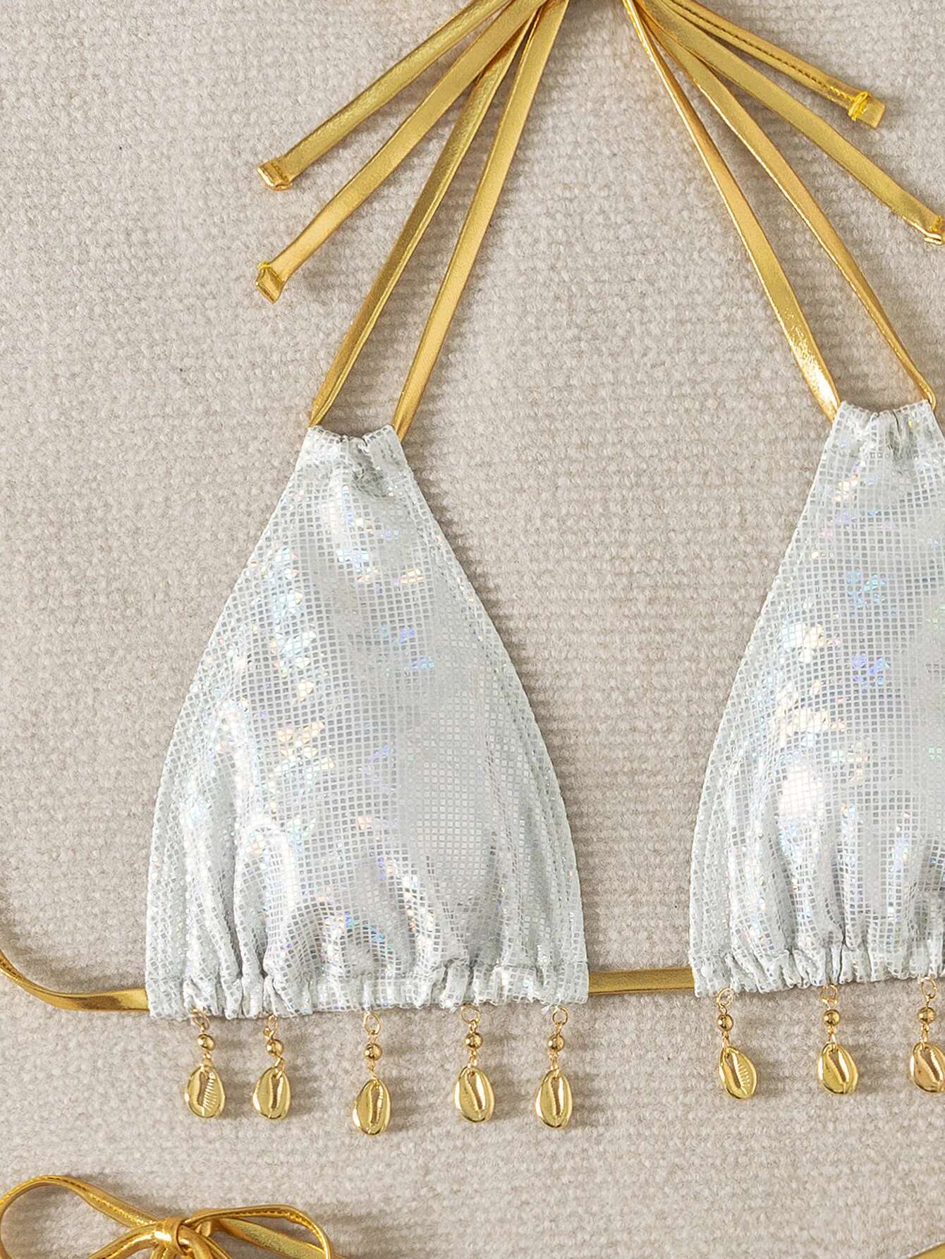 Dongdumaoyi Shiny Shell Women S Bikinis Sets Sexy White Snakeskin Print Thong Tassel Two Piece Swimsuit Beach Vacation Bathing Suit Swimwear