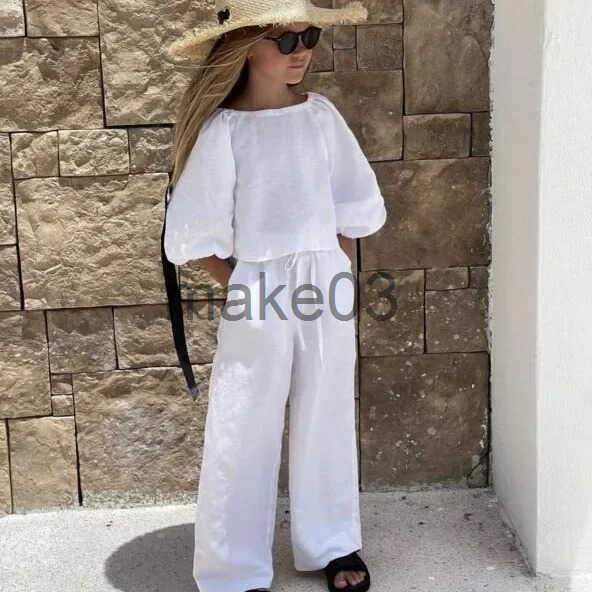 Childrens Set Russian Girl SprSummer Cotton Hemp Rope Fashion Top Casual Pants Two Piece 2024 Round Neck Simple J250403