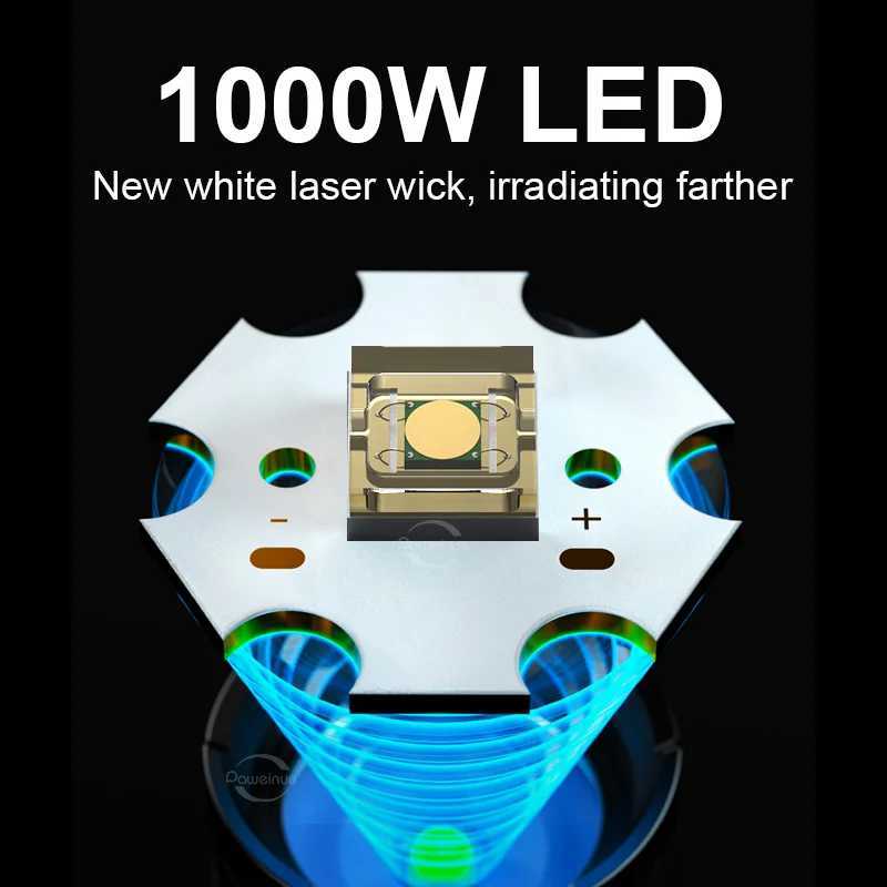 99000000LM Power Flashlights 8500M LED Flashlight USB C Rechargeable 1000W Flash Light Zoom Tactical Lantern 9900mah BatteryW251106